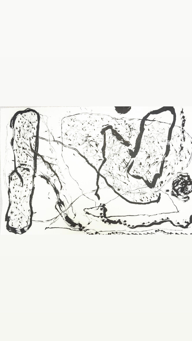 Large gestural ink drawing on unbleached paper by Lorna Crane