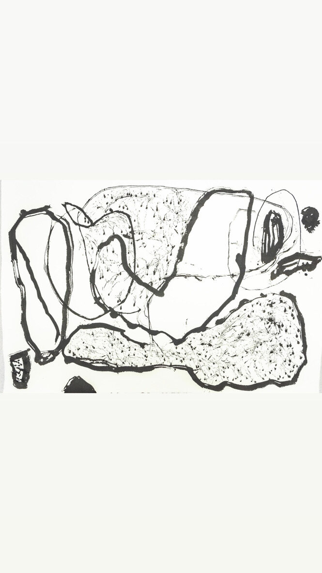 Vertical black ink drawing on warm cream paper