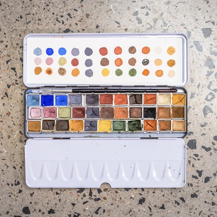 Hand-made watercolour pans made from locally sourced earth pigments