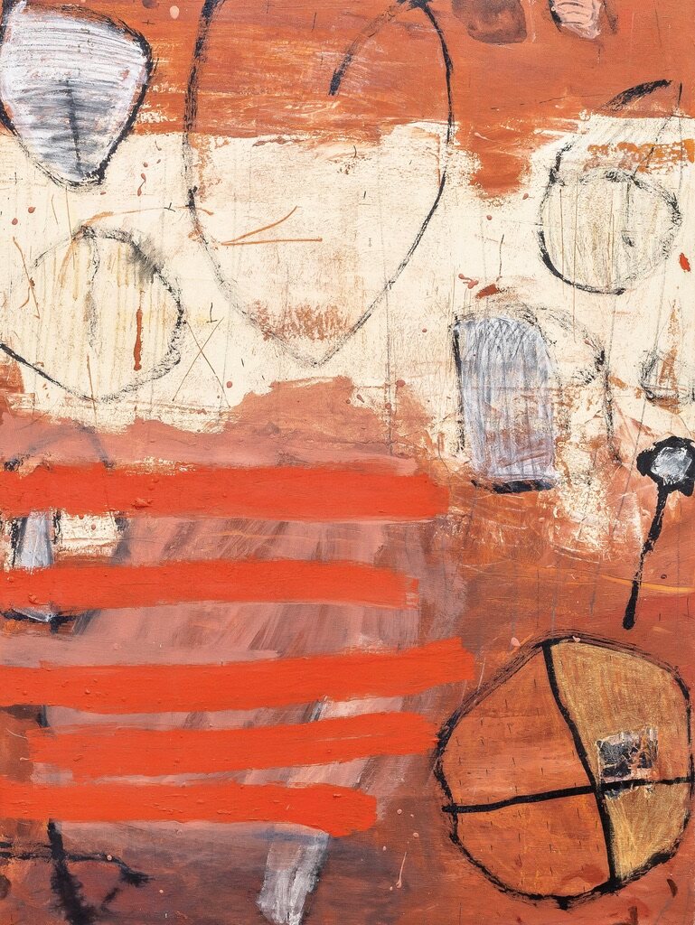 Terracotta mixed-media canvas with charcoal marks and coral bands